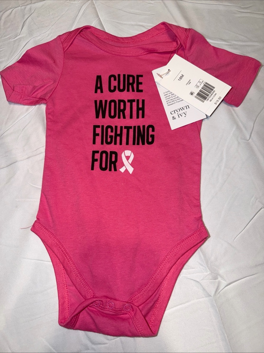 Crown & Ivy Pink Baby One-Piece - 'A Cure Worth Fighting For 18M